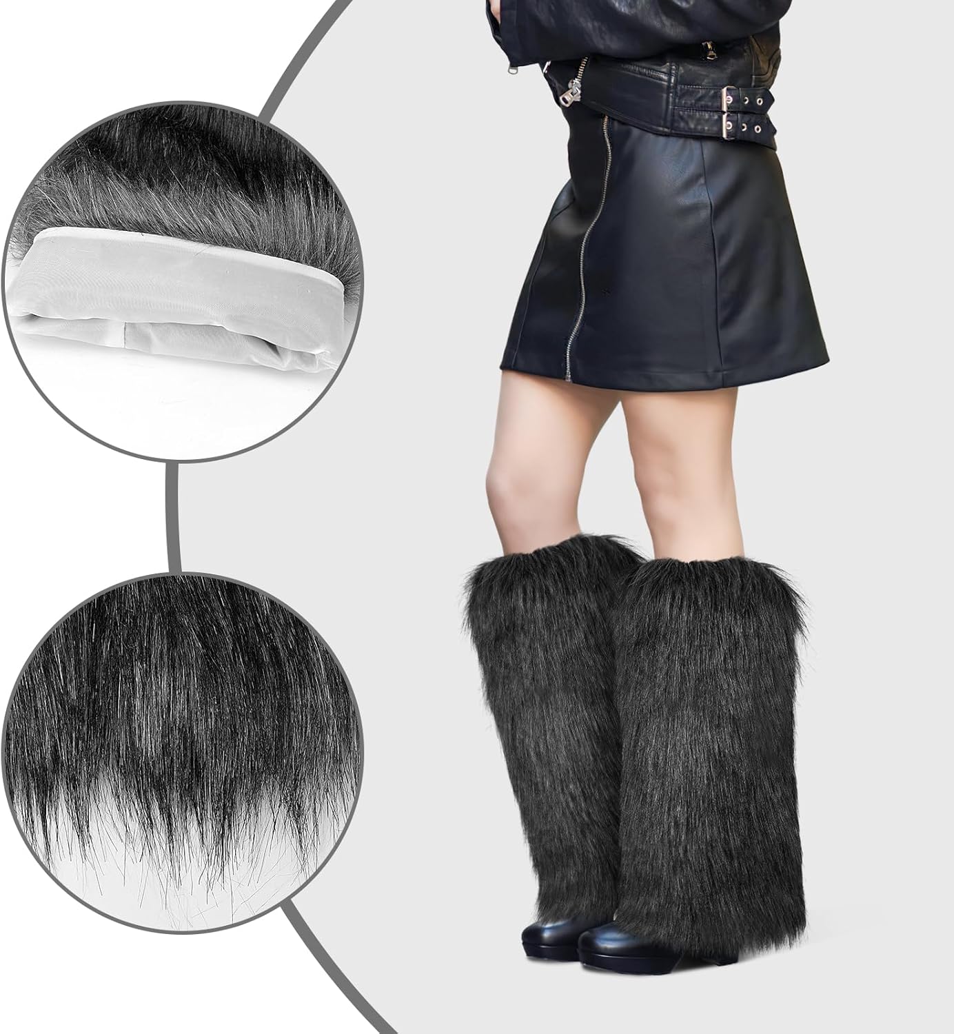 XEPST Faux Fur Fuzzy Leg Warmers for Women, Warm Boot Covers and Cuffs, Furry Sleeves for Party Costumes, Tie Dye Style, Dark Gray - Image 2