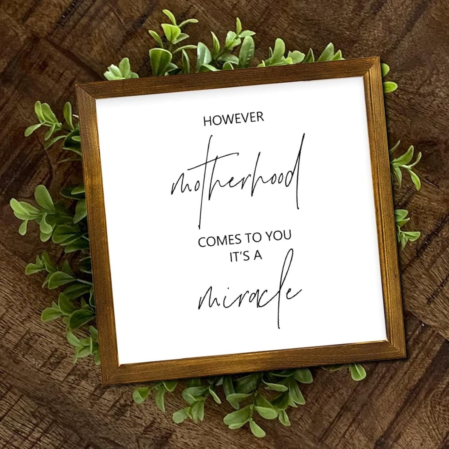 Motherhood Comes to You Wood Framed Sign Bible Verse Wall Art Signs Classic Home Wall Decoration for Home Kitchen Living Room Kitchen Housewarming Gift 12x12 Inch