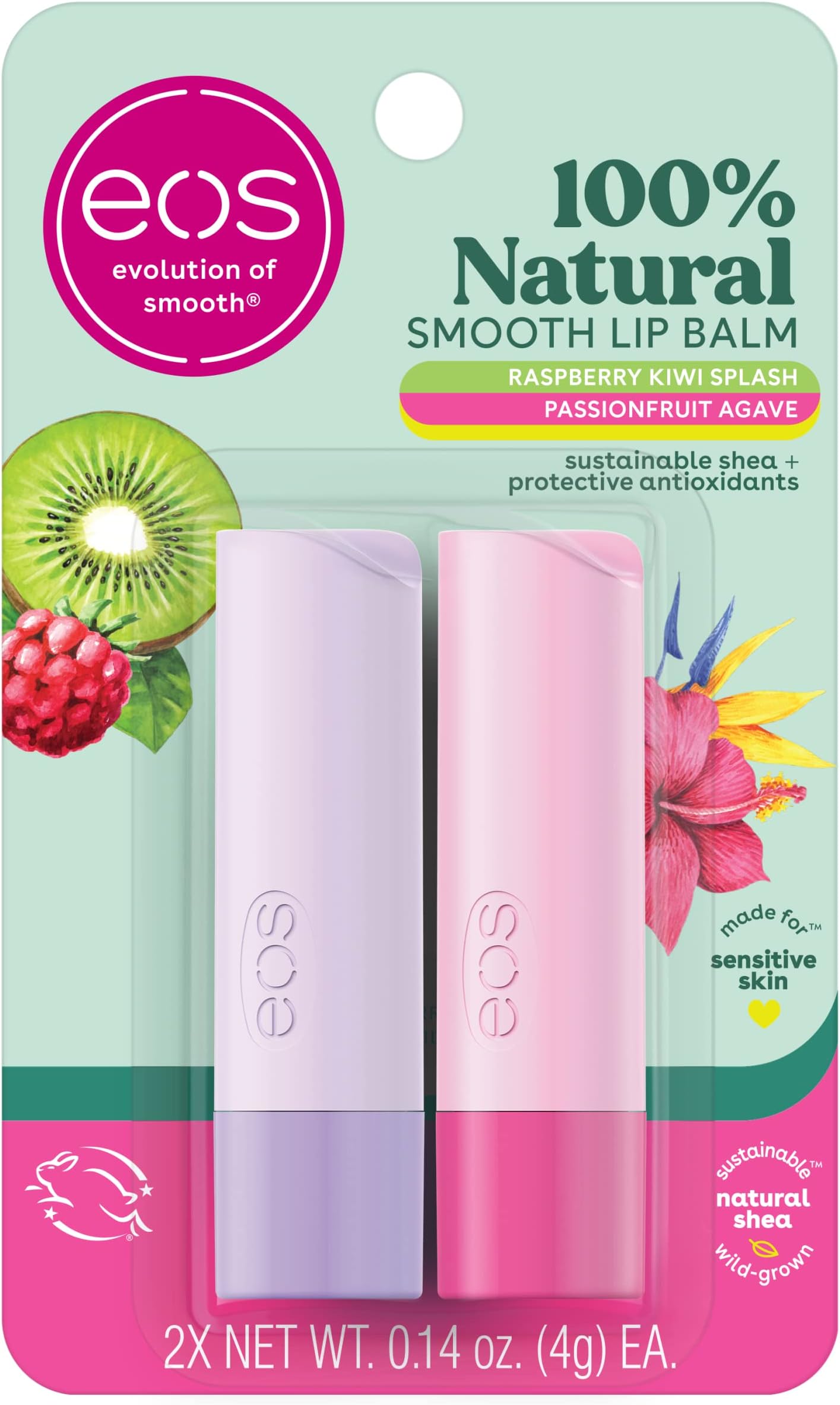 eos 100% Natural Lip Balm, Raspberry Kiwi Splash & Passionfruit Agave, All-Day Moisture, Lip Care Products, 0.14 oz, 2-Pack