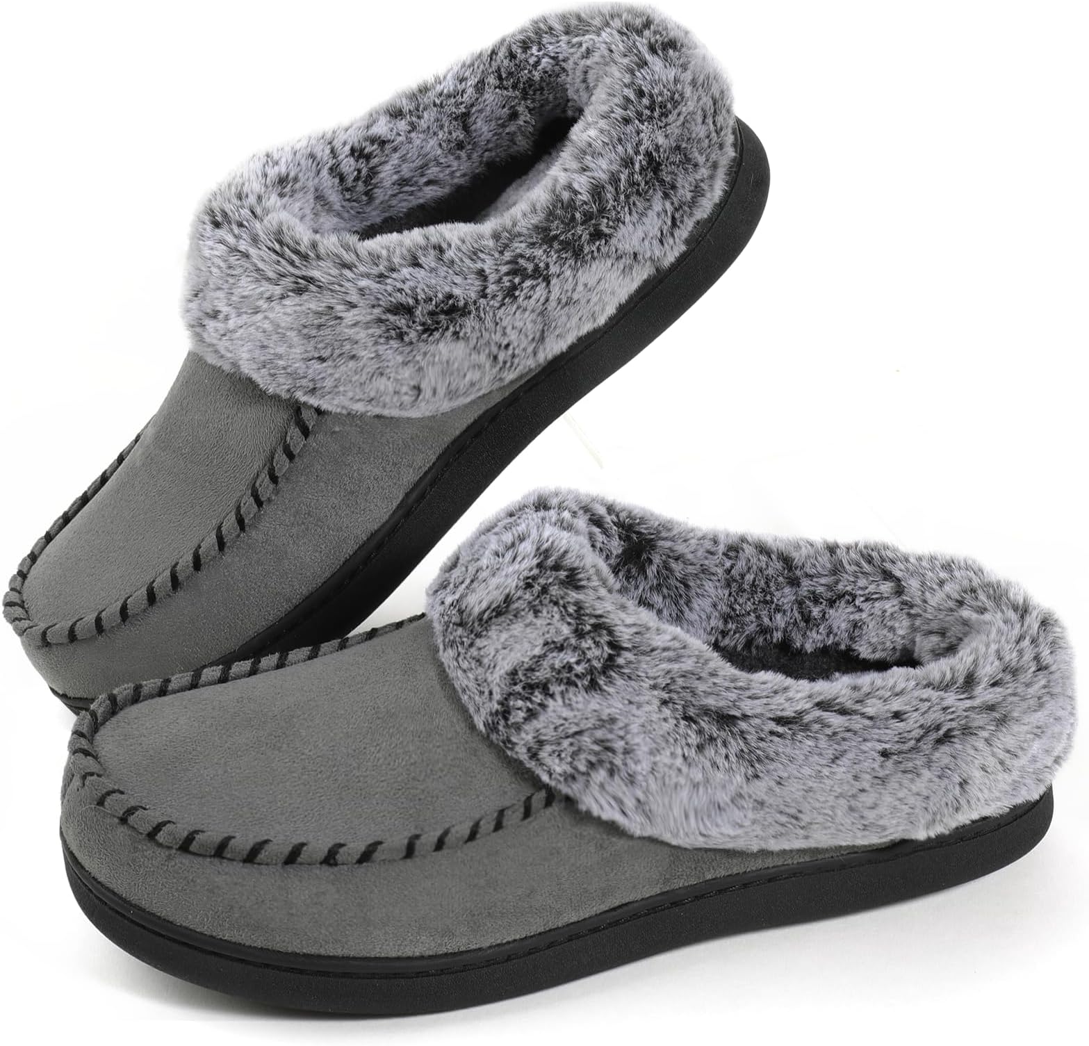 Women's Memory Foam House Slippers with Hard Bottom, Fur Lined House Shoes with Non-Slip Rubber Sole for Indoor & Outdoor