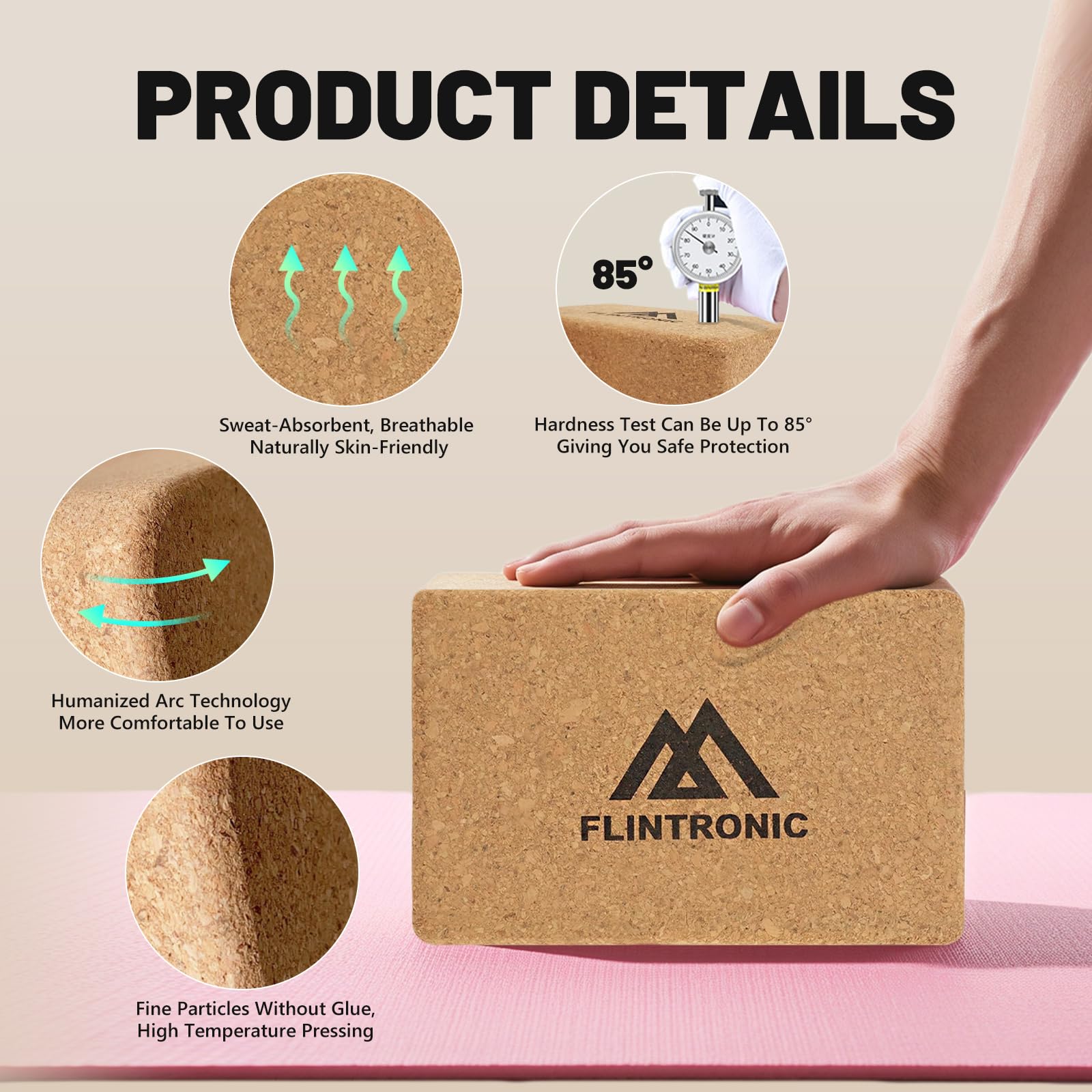 Flintronic Yogablock aus Kork 2er Set, 100% Natur Yoga Block Kork, Korkblock Yogablöcke Umweltfreundlich Nachhaltig Naturkork, Yogaklotz für Yoga Pilates Fitness - mit 1 Widerstandsband