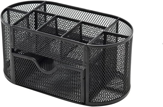 Black Mesh Desk Organizer Desktop Office Supplies with 9 Compartments, Office Desktop Organizer with Drawer, Metal Pen Holder Stationery Caddy Multifunctional Organizer for Desk Organization