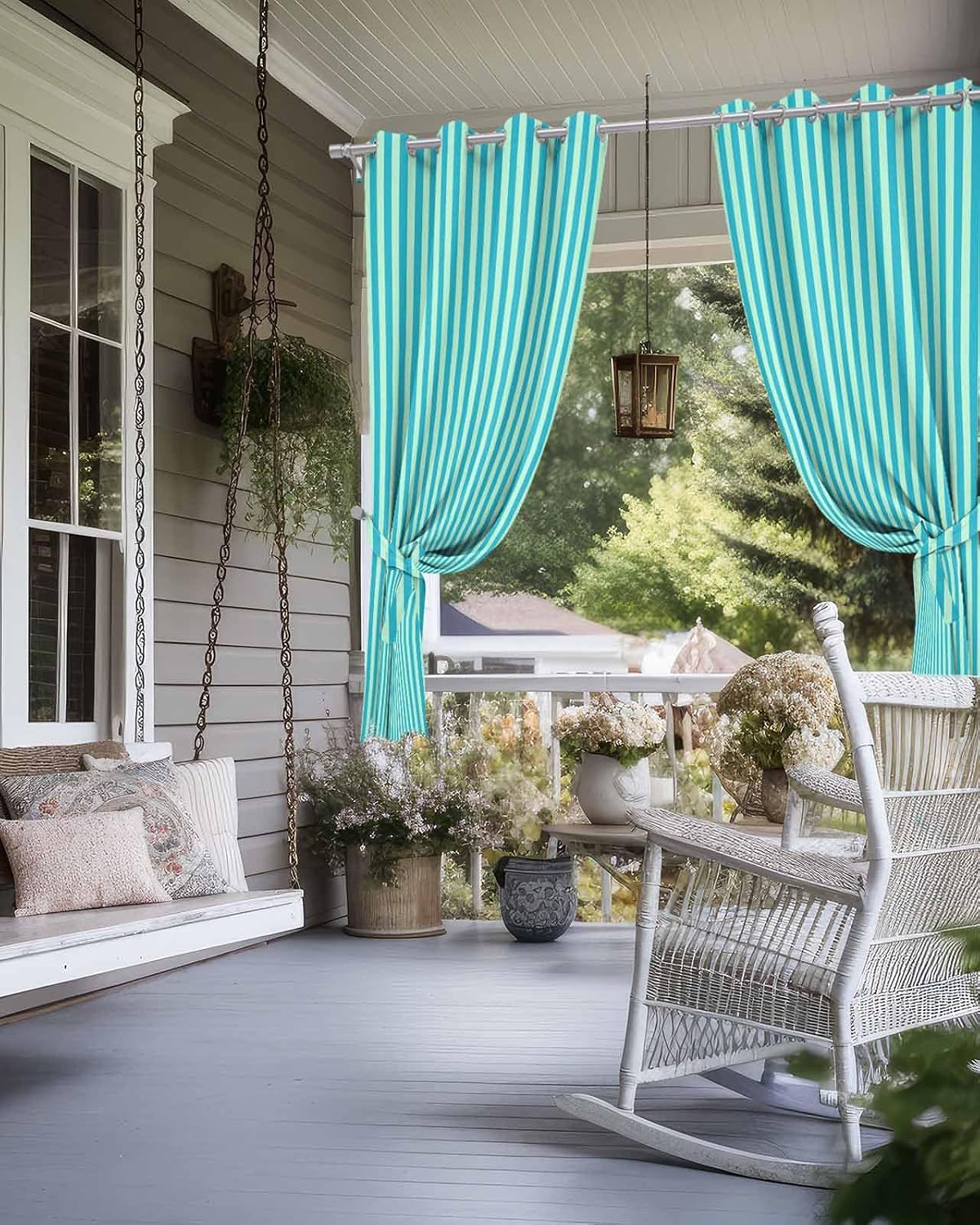 Outdoor Curtains for Patio Waterproof, Turquoise Stripes Outside Curtain 2 Panels, Classic Vertical Striped Window Treatment Drapes Privacy Indoor/Outdoor Curtain for Porch Gazebo Pergola Cabana 54x84