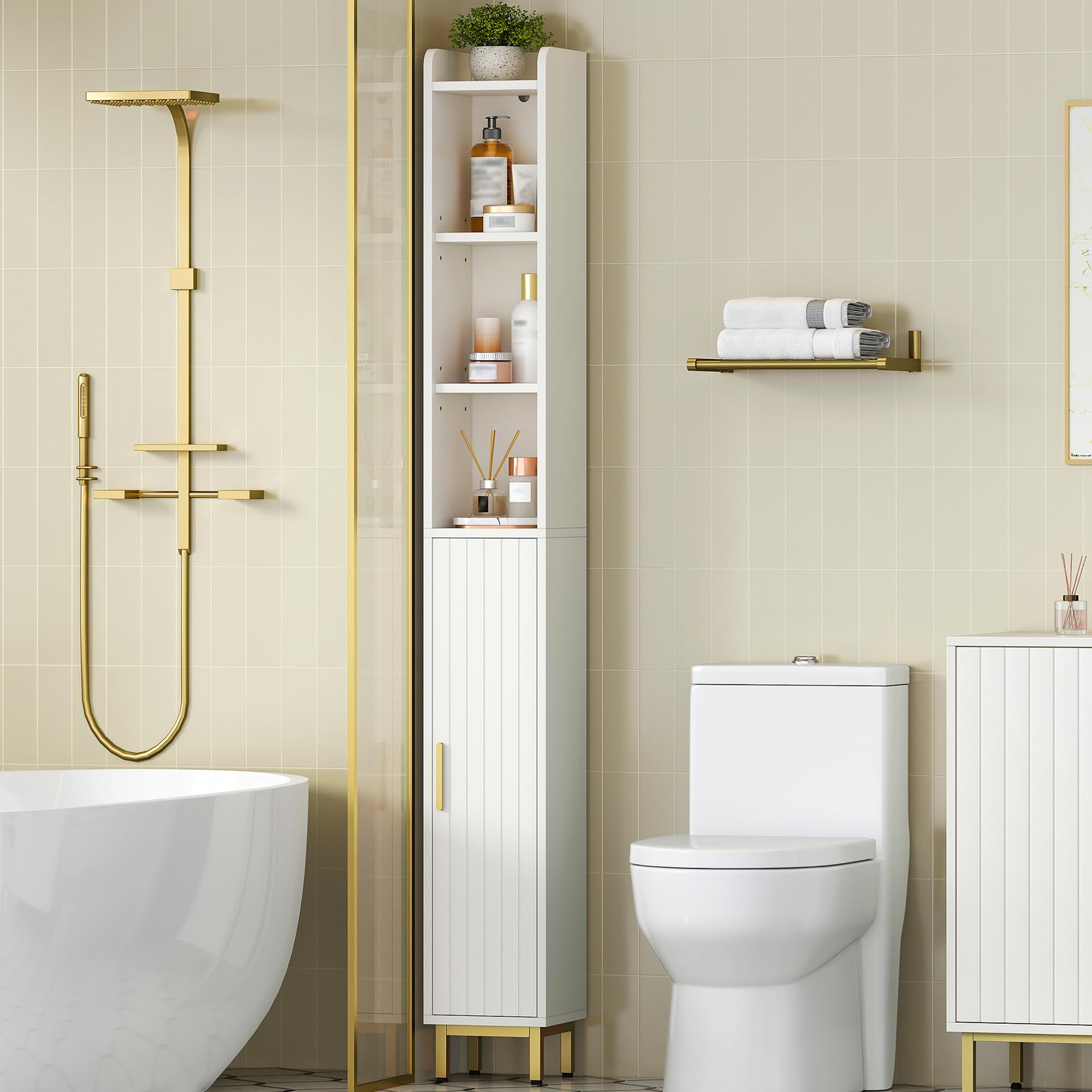 Badezimmerschrank Badschrank, 20 x 20 x 168 cm, Weiß und Gold