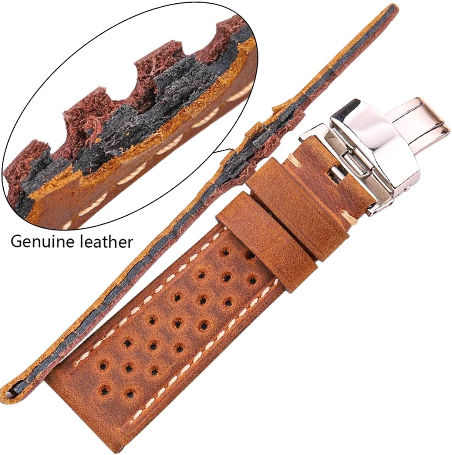 FenGQin 20mm Genuine Leather, 22mm, 24mm Cowhide Vintage Strap with Unfolded Buckle Suitable for Watch 3 4