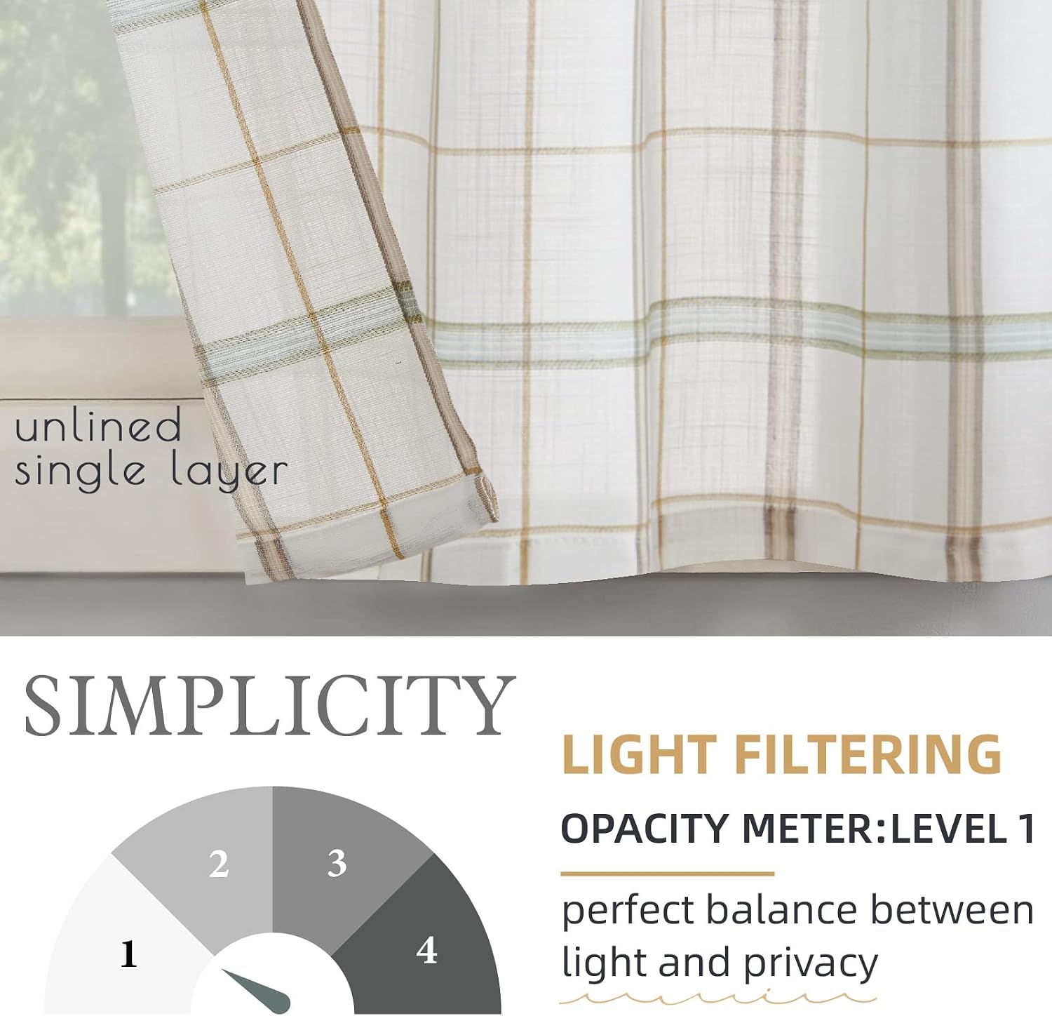 jinchan Kitchen Curtains for Bathroom Classic Plaid Checkered Design Linen Textured Green and Taupe Striped Half Window Curtains Laundry 2 Panels 45 Inch Length