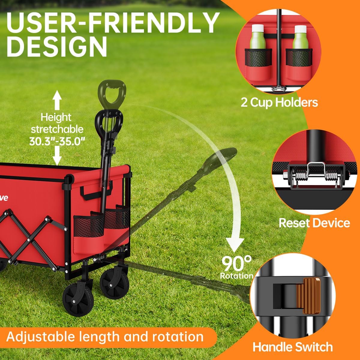 Collapsible Wagon Cart, 380LBS Heavy Duty Utility Wagons with All-Terrain Wheels, Foldable Grocery Carts for Gardening, Shopping, Beach, Camping,Red