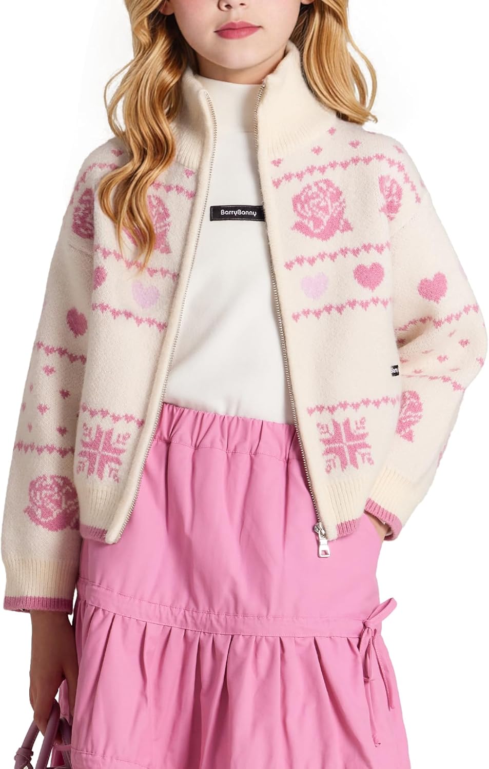 Girls Cardigan Sweater Zip Up Winter Coat White Knit Rose Heart Design, Kids School Uniform Fall Jack for Girls 6-16Y