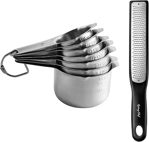 Spring Chef Vasos medidores de acero inoxidable, juego de 7 y rallador de mano/rallador fino, color negro - Paquete de 2 productos