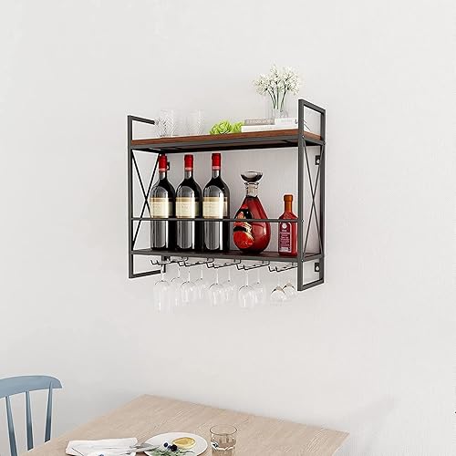 Miniatura 4 de Estante para vinos, industrial montado en la pared, soporte de botella de metal rústico, estante de vidrio, estantes flotantes de madera de 2