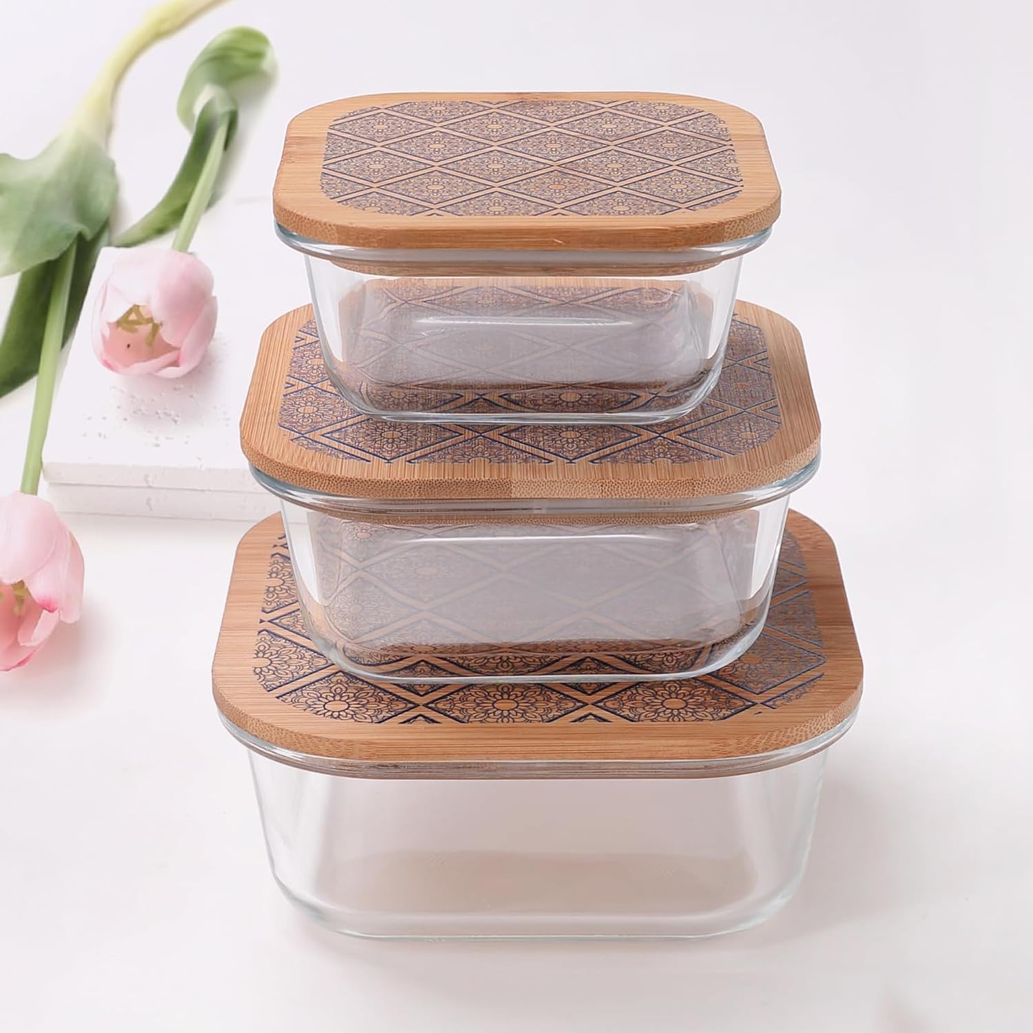 Kuber Industries Pack of 3 Borosilicate Glass Kitchen Containers with Bamboo Lid | 310ml 510ml 800ml | Airtight Square Fridge Storage Boxes | Glass Jars for Cereal, Dry Fruits | Blue Pottery Print