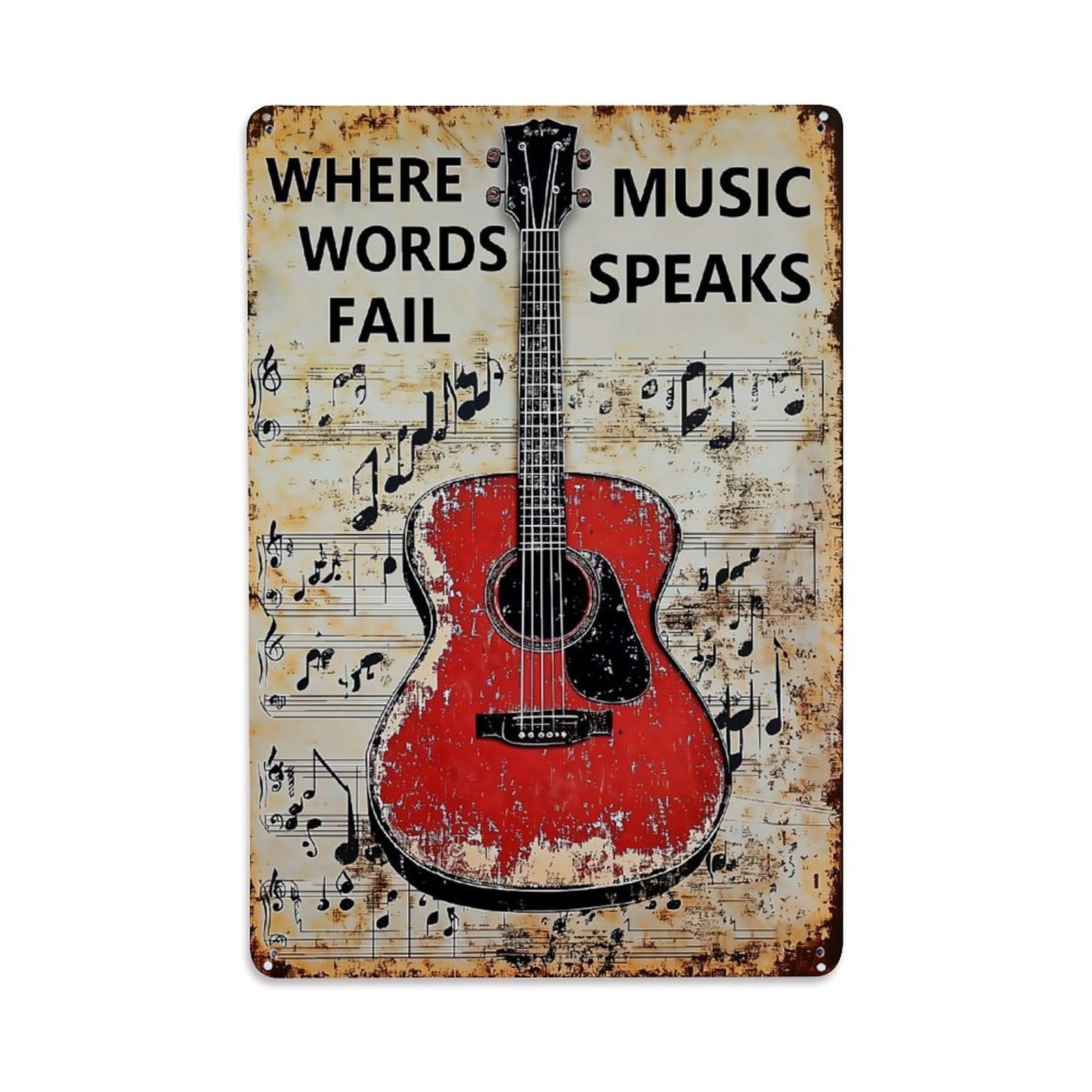 Jdyaojiesheng Vintage Red Guitar Music Notes Style Tin Sign Retro Metal Wall Decor Metal Poster, Home Bar Garage Farmhouse Cafe Wall Art Decoration 8X12inches