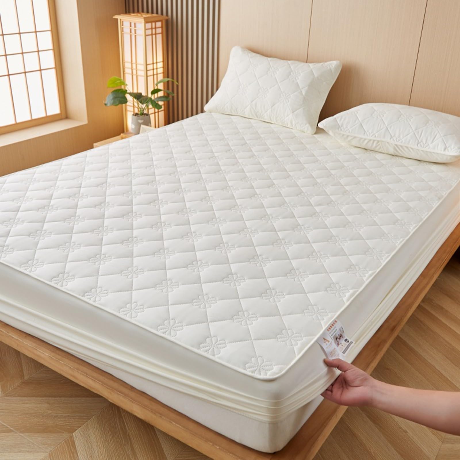 Gesteppter Matratzenschoner,Wasserdichter Matratzenschoner mit 2 Kissenbezügen,Weicher Atmungsaktiver Spannbettlaken-Matratzenbezug für das Schlafzimmer im Haus(Offwhite,120x200cm)