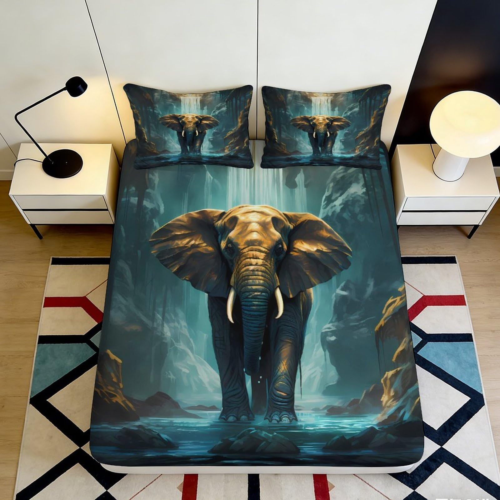 3D Printed Elephant Design Fitted Sheet Microfiber Soft Durable Waterfall Bed Cover for Bedroom Dormitory Guest Room Mattress Protection 200x200x25cm