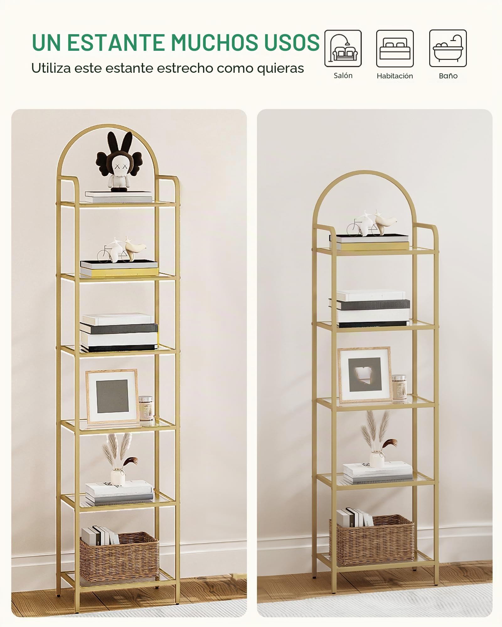 Hzuaneri Estantería Libros de 6 Niveles, Organizador Estante de salón, Estantería para Dormitorio, baño, Oficina en casa, para Plantas, CD, decoración, Recuerdo, Estructura de Acero, Dorado BC10601G