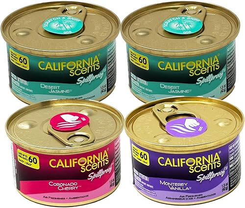 California Scents Ambientador de latas a prueba de derrames en aromas de jazmĂn del desierto, vainilla de Monterey y cereza Coronado el mejor California Scents Ambientador de latas a prueba de derrames en aromas de jazmĂn del desierto, vainilla de Monterey y cereza Coronado el mejor
