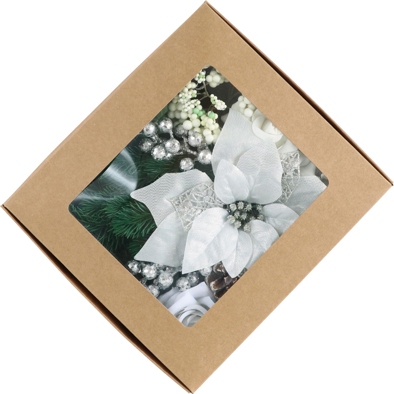 Tsophreniq Christmas Ornament Set Box Beautiful Christmas Tree Ornament Craft Set with Faux Flowers and Pine Accent Artificial Rose Flower