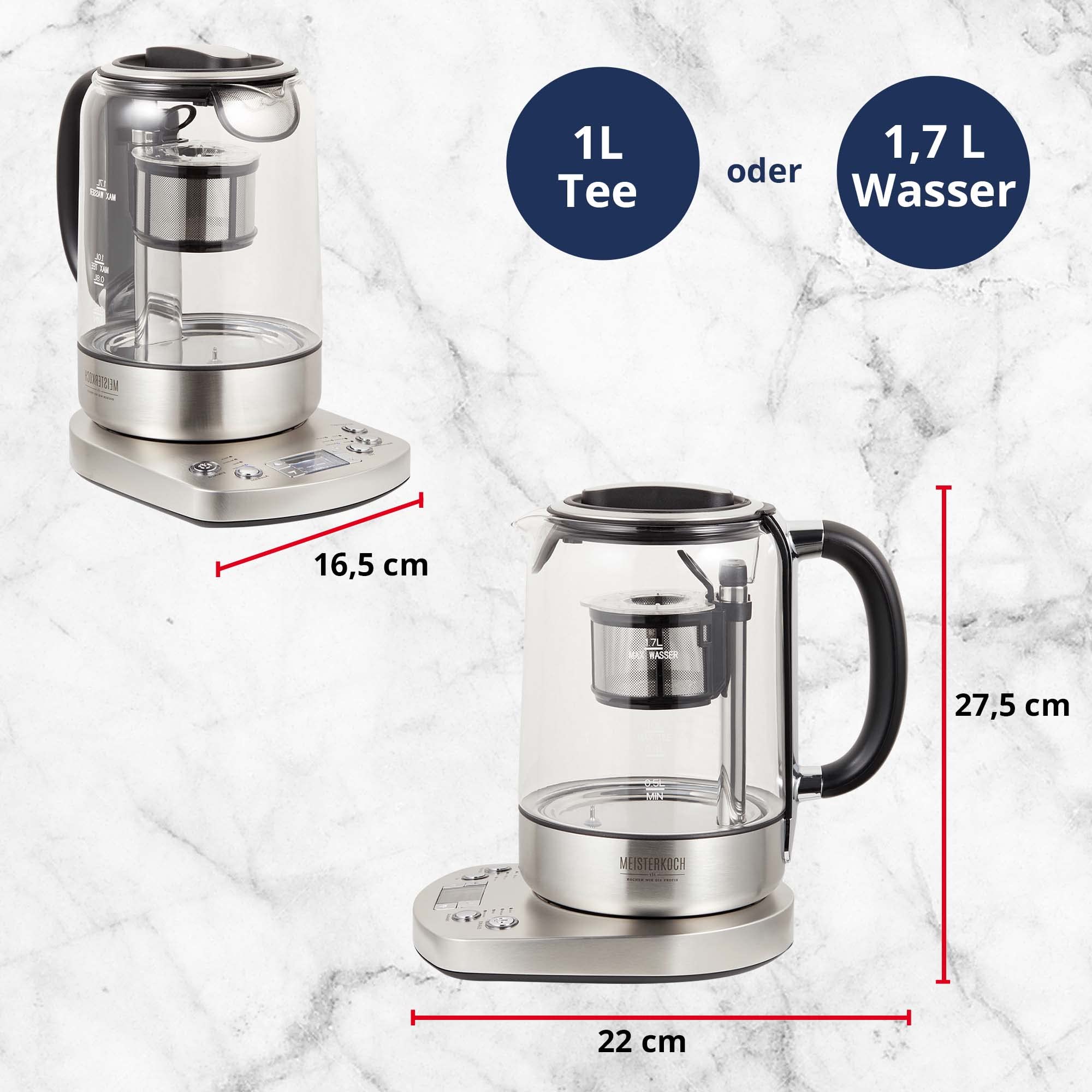 MEISTERKOCH TK-170 TWE | Teekocher elektrisch mit Temperatureinstellung & Absenkautomatik des Siebeinsatzes, aus Glas mit Warmhaltefunktion, Brühzeit-Einstellung & LED Licht abgepasst auf Teesorten