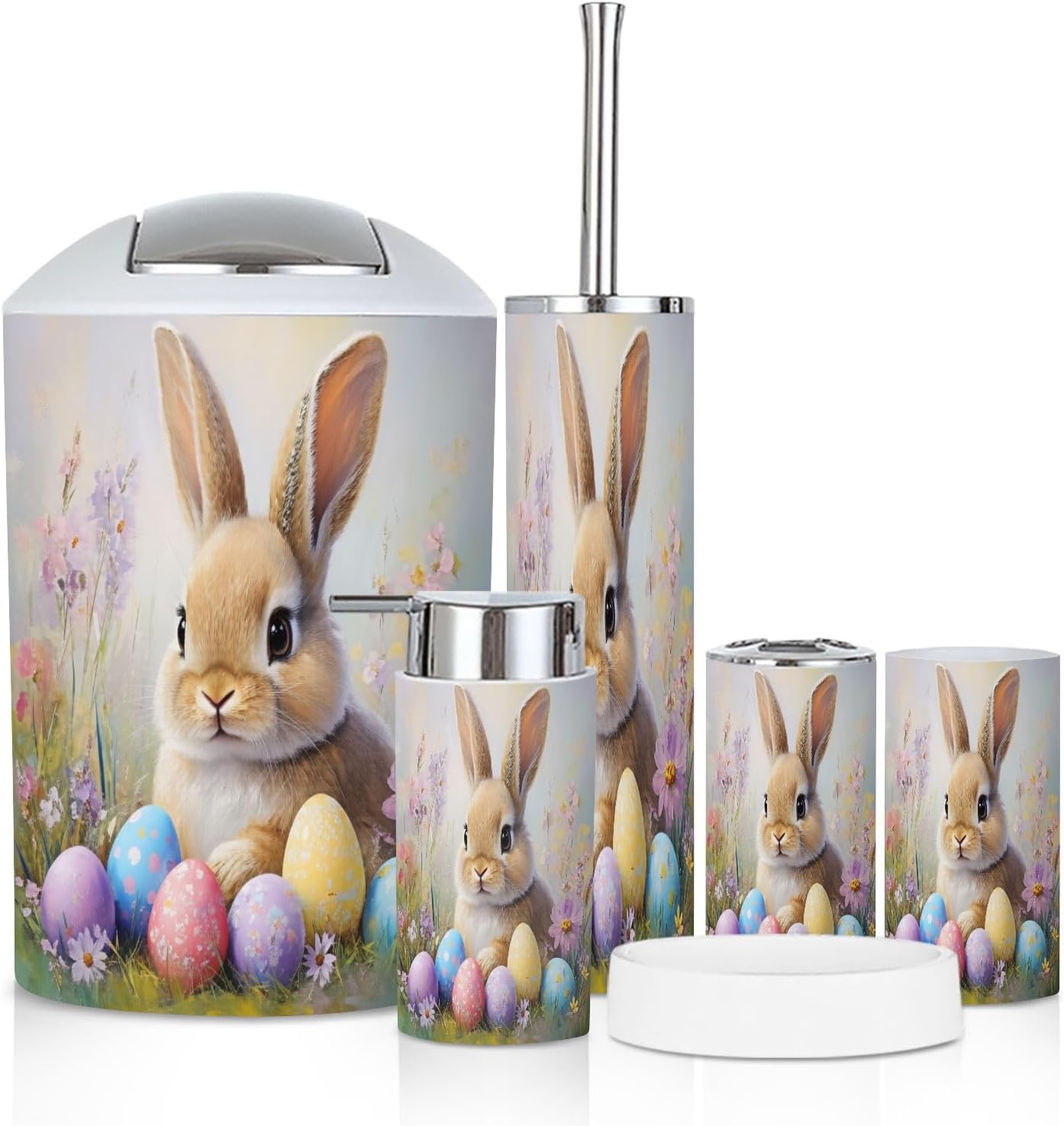Bathroom Accessory Set 6 Piece Cute Rabbit Easter Egg Spring Home Decoration Rabbit Easter Eggs Trash can, Toothbrush Holder, Soap Dispenser, Soap Dish, Toothbrush Cup, Toilet Brush Holder