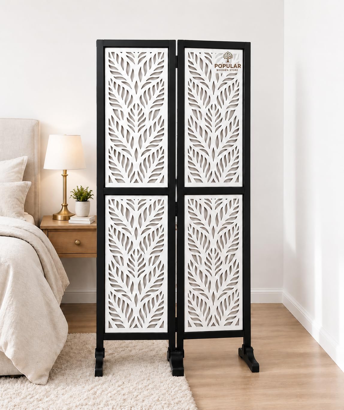 wooden room partition leaf pattern room divider for bedroom, house, living room,office, kitchen, restaurant, pooja room square design 6 feet 2 panel white and black with stand
