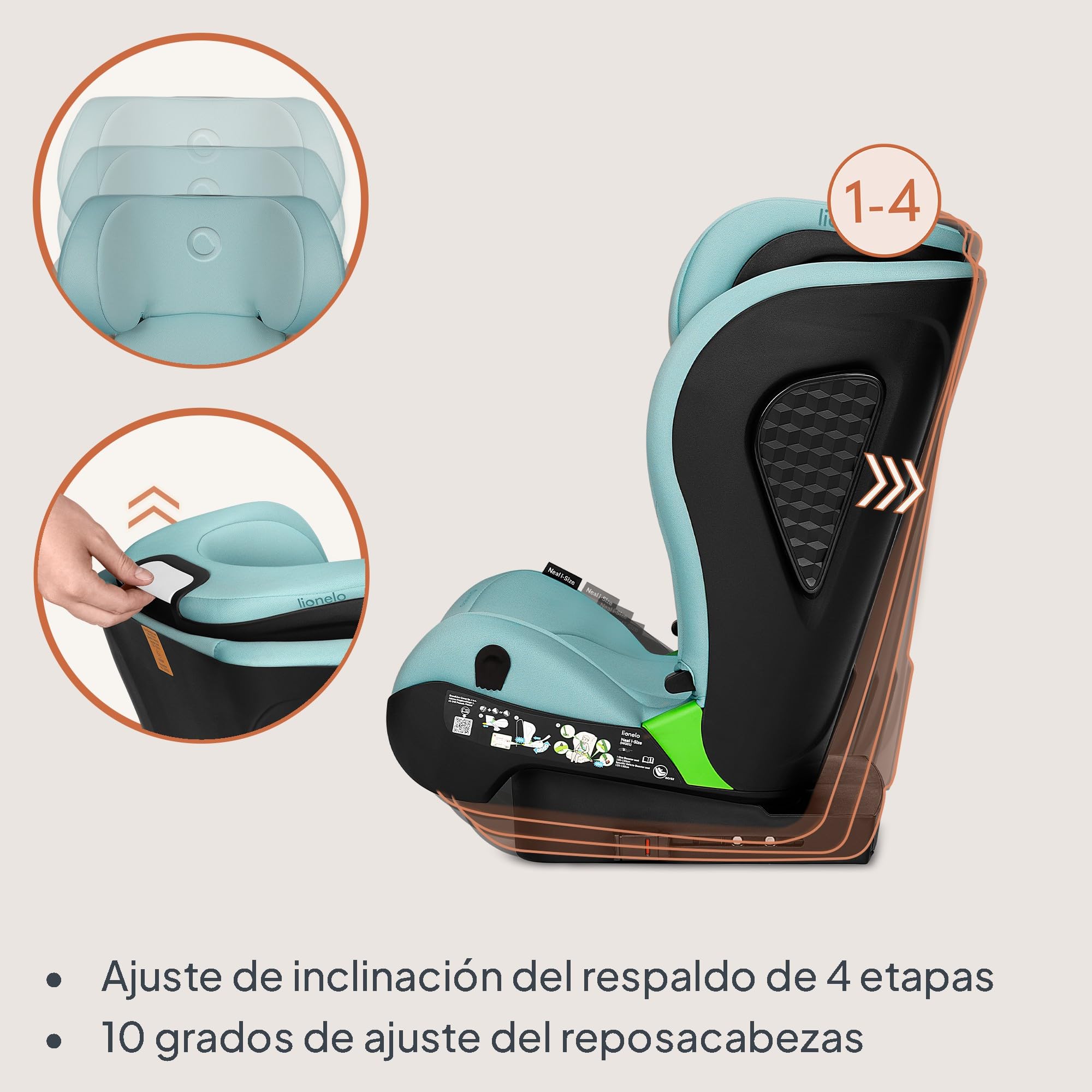 LIONELO NEAL I-SIZE Silla de Coche Para Bebés, Grupo 2 3, de 100-150 cm De 3 a 12 años aprox. Fijación ISOFIX o Cinturones Reposacabezas Ajustable Protección Lateral Reposabrazos Norma R129