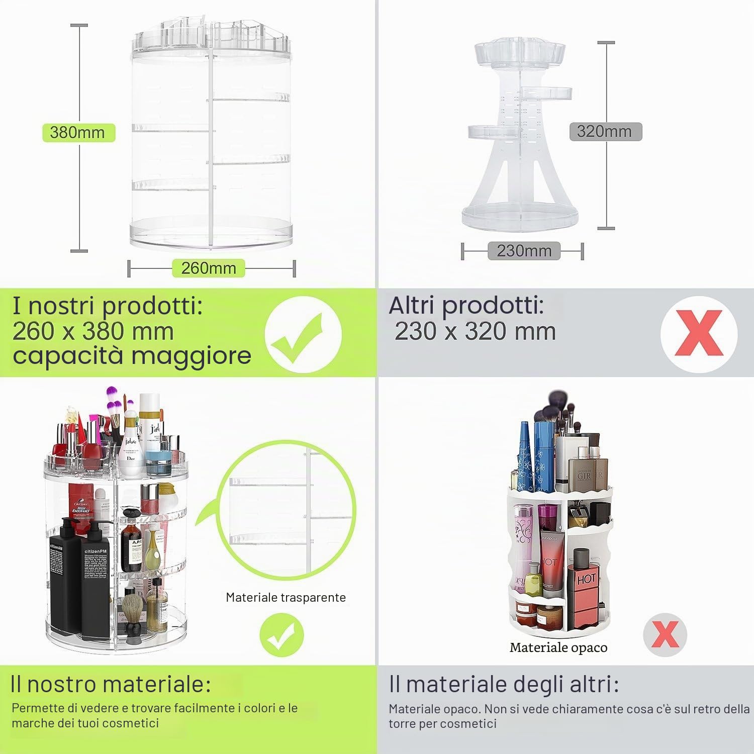 Organizzatore di trucco, espositore cosmetico girevole da 360 gradi, organizer per vanità regolabili Scaffale da bagno organizer cosmetico da bancone, contenitore cosmetico trasparente, cristallino