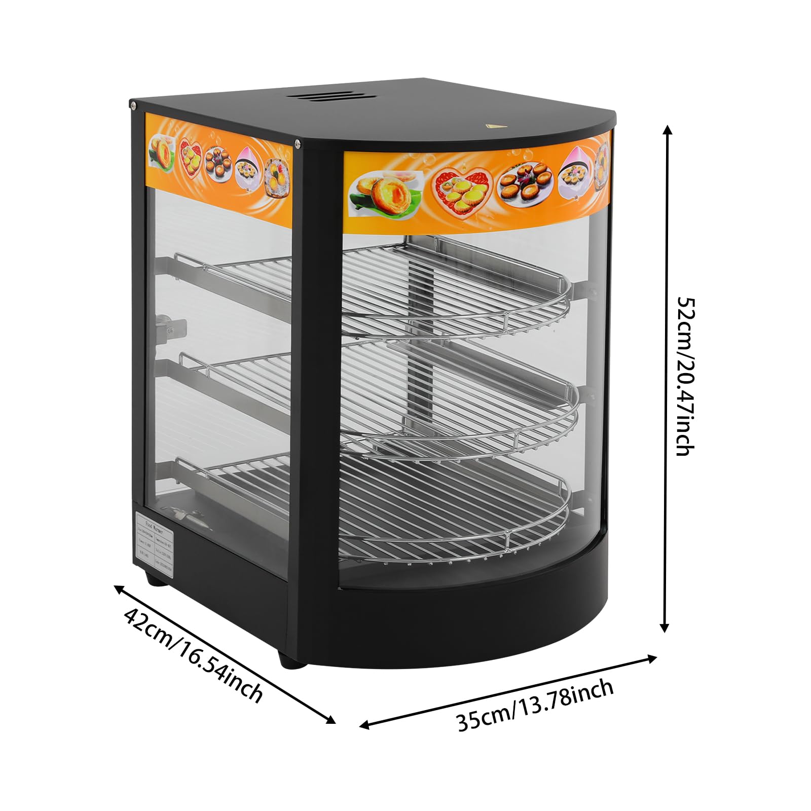 800 W 3 pisos calentador de alimentos eléctrico, 30 – 85 ℃ | Vitrina caliente para cafés, panaderías, tiendas de comestibles, 35 x 42 x 52 cm, color negro