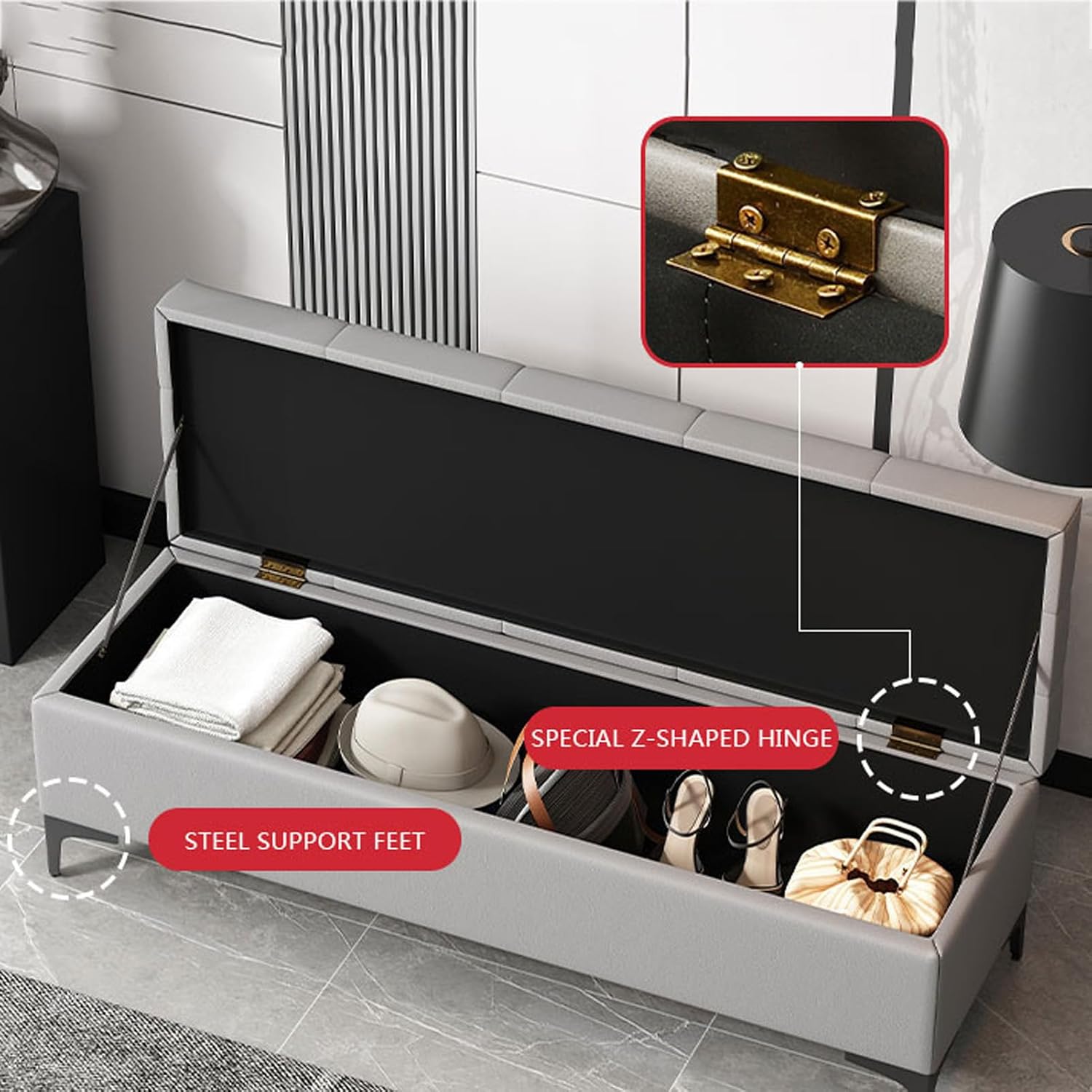 Leather Ottoman Storage Bench End of Bed Bench with Padded Seat Ottoman Bench Entryway Bench with Steel Legs Upholstered Bench Storage Box