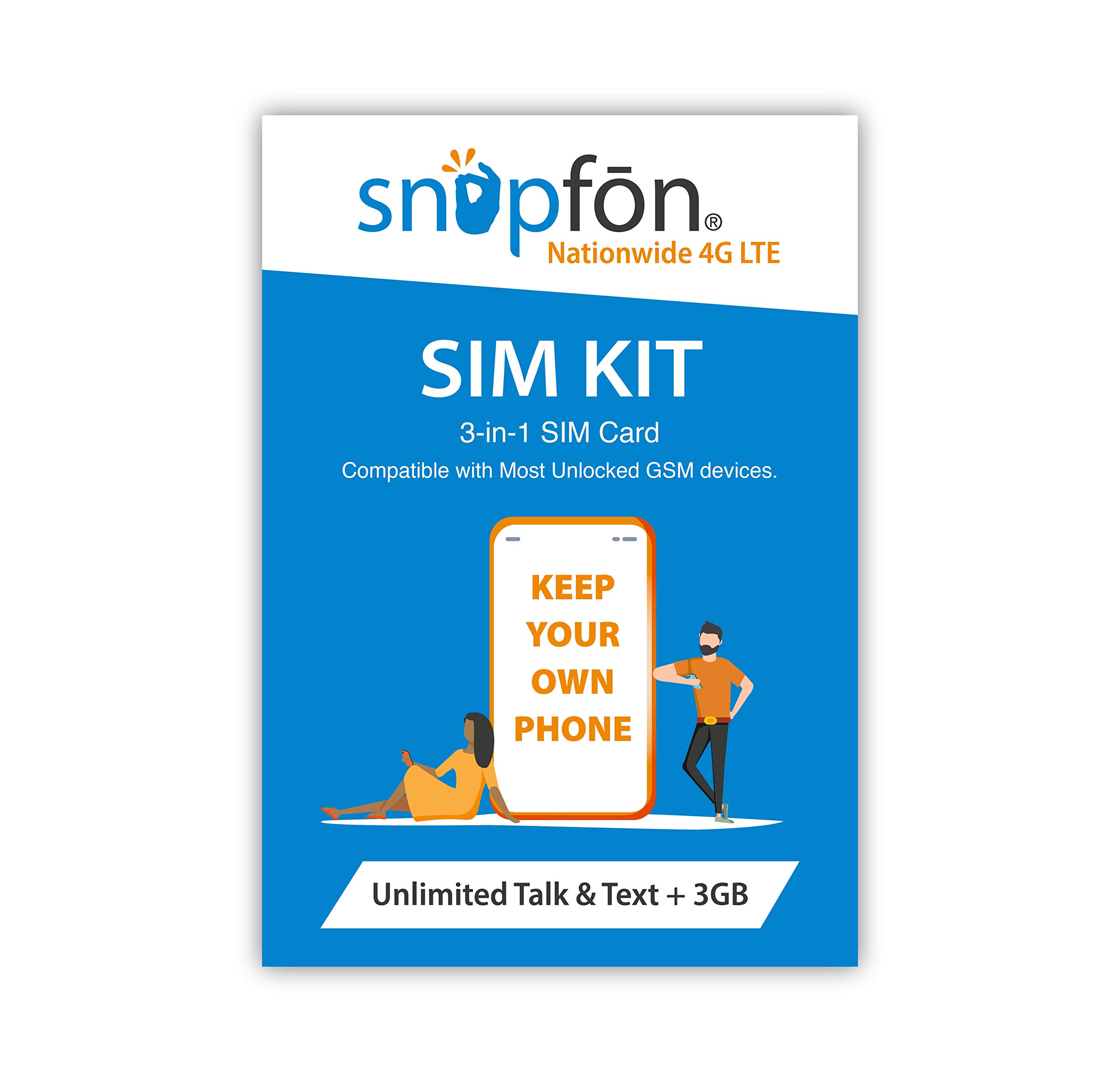 Snapfon Mobile SIM Kit | Unlimited Talk & Text + 3GB Data | Nationwide 5G Network Coverage | 3-in-1 GSM SIM Card