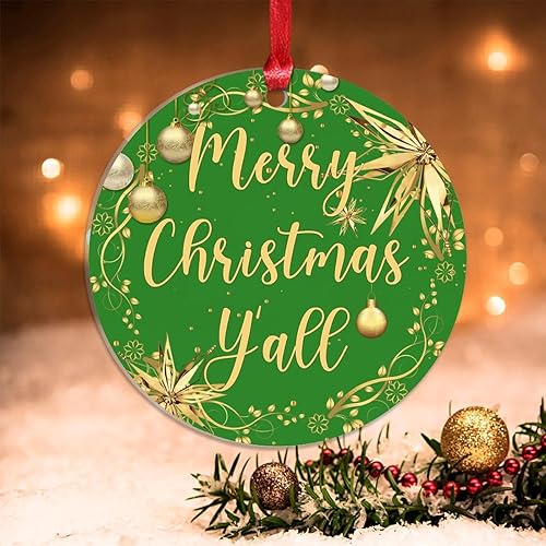 Christmas Ornament Merry Christmas Y'all Christmas Tree Decorations Gold Snowflake Ball Wreath Novelty Acrylic Ornaments Xmas Gift Home Xmas Tree