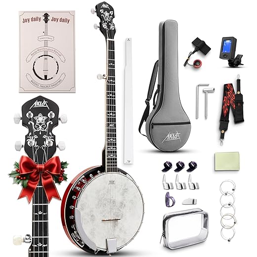 AKLOT Full-Sized Banjo with Remo Head: 38’’ 5 String Banjo Set with Removable Resonator, Geared 5th Tuner, 24 Brackets, Deluxe Beginner Kit with Gig Bag, Strings, Strap, Picks, Tuner, Bridge Ruler