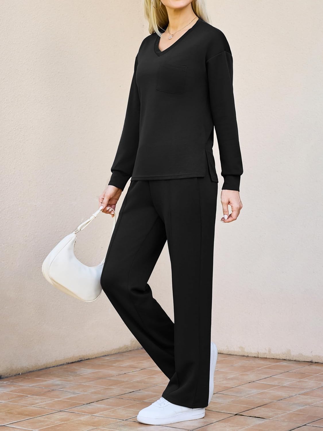 difficort Women's 2 Piece Lounge Sets Casual Travel Airport Outfits Side Slit V-Neck Tops & Wide Leg Pants Matching Set - Image 3