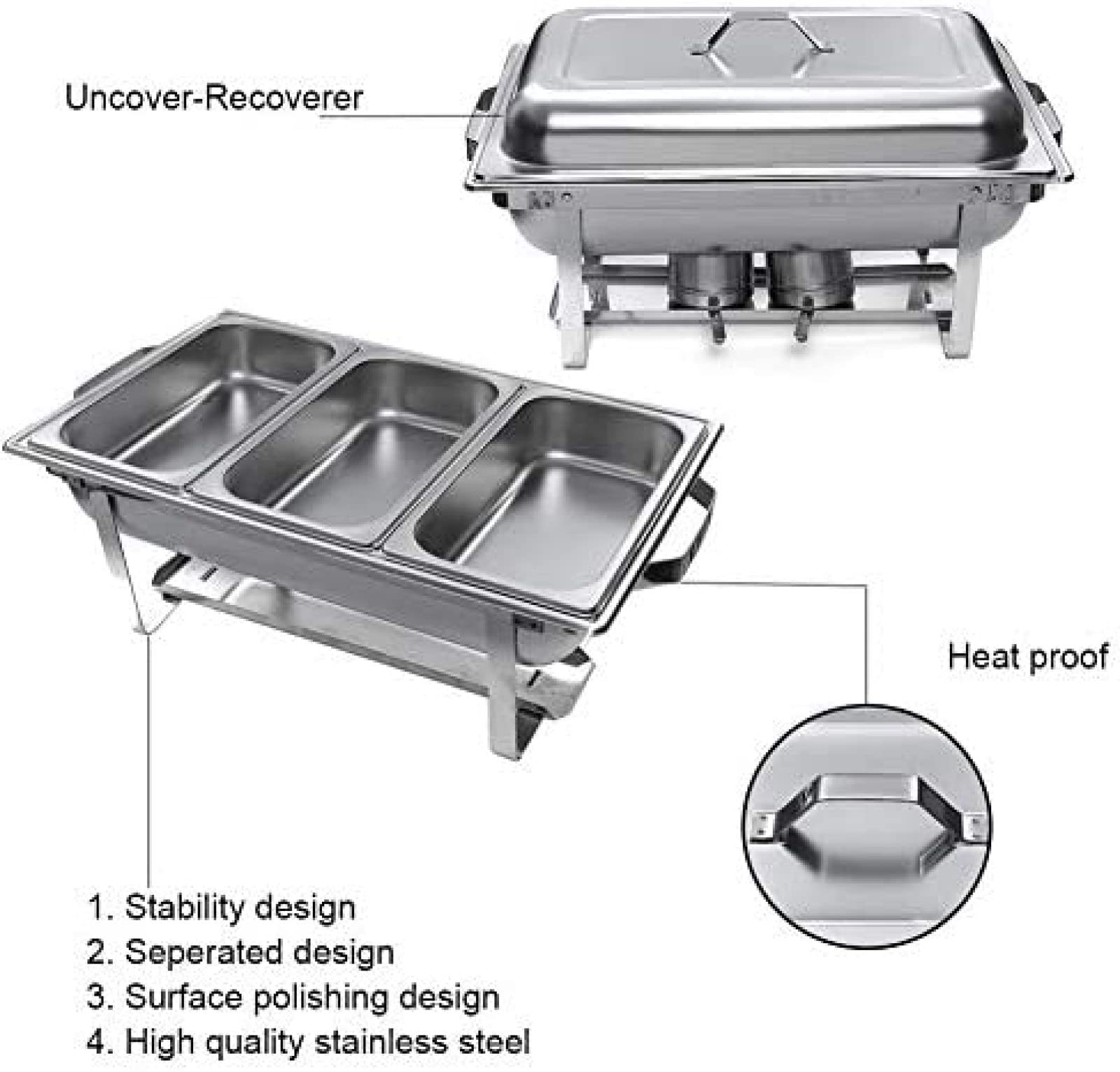 Juego completo de calentador de alimentos de acero inoxidable con bandeja de agua, bandeja de alimentos, soporte de combustible y tapa, tamaño completo con insertos de 1/3, 9 L