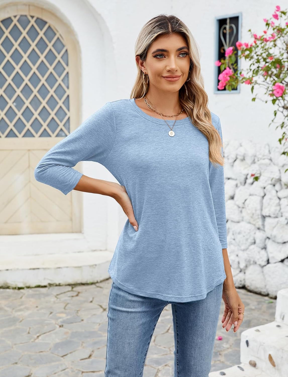 Sherosa Womens Casual 3/4 Sleeve T Shirts Crew Neck Loose Fit Tunic Tops Solid Basic Tops Tees - Image 2