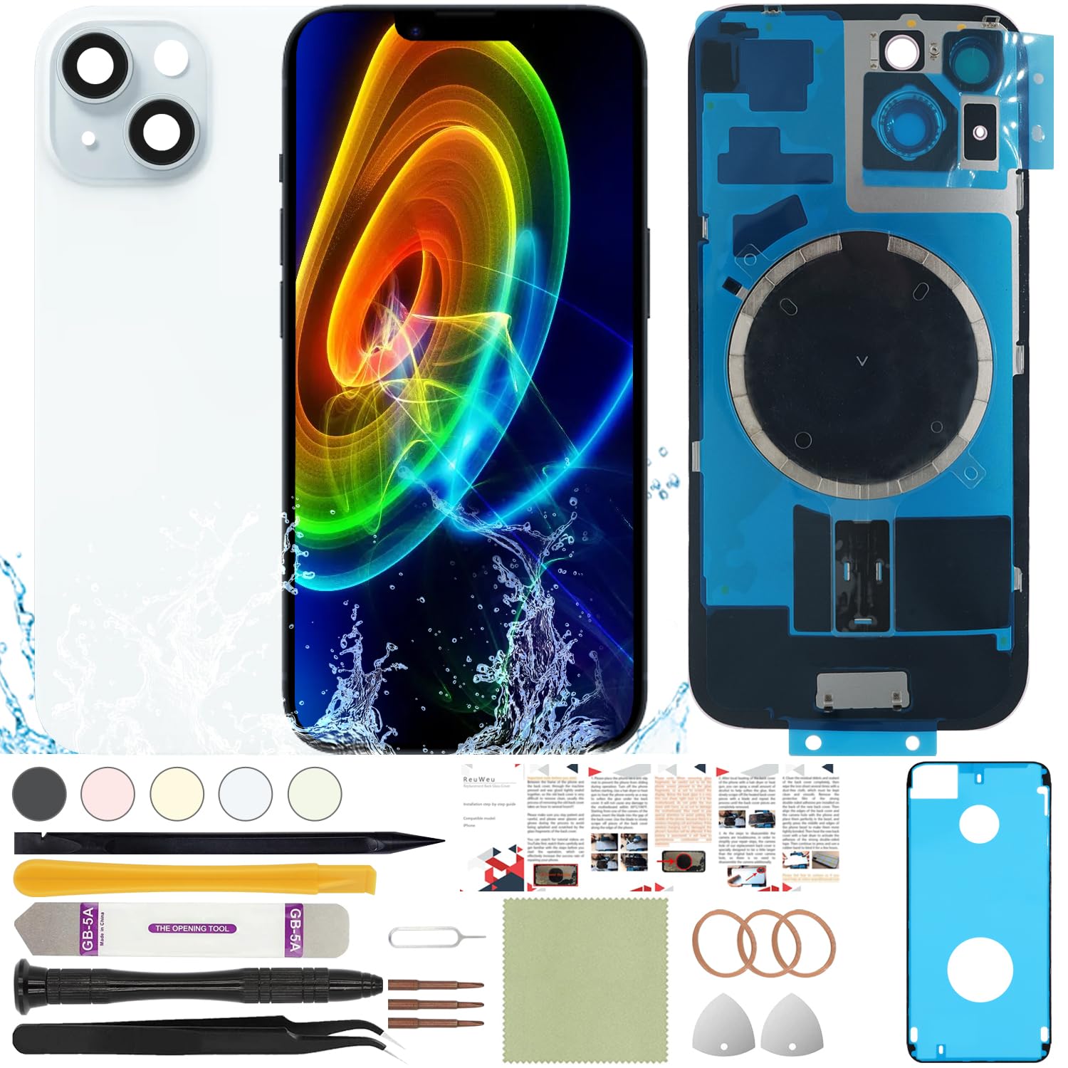 ReuWeu Back Glass Replacement Compatible with iPhone 15 All Carriers 6.1" + Pre-Installed Plate and Camera Frame + Professional Tools (Blue)