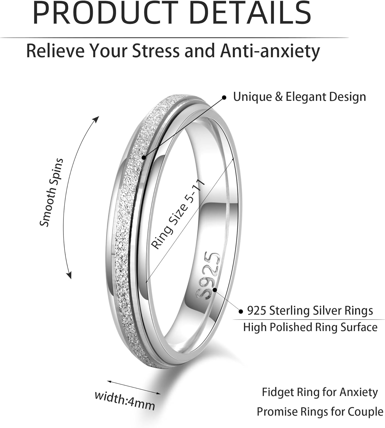 925 Sterling Silver Fidget Ring for Women Band Anxiety Ring 4mm Silver Thumb Ring Spinner Ring for Men Stress Relief Anti-anxiety Rings