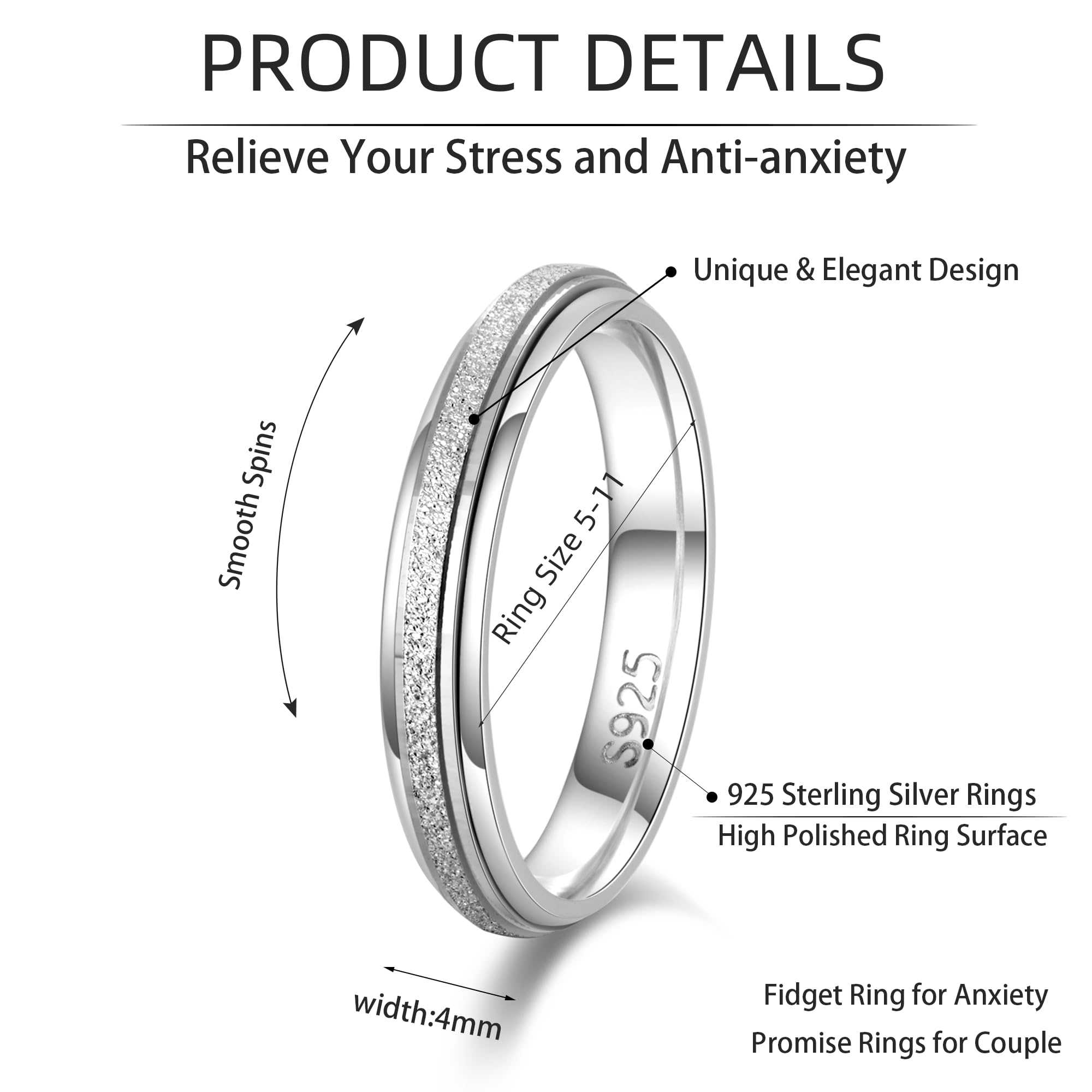 LOFITOR Bague Anti-Stress Argent 925 pour Femmes Hommes - Bague Spinner 4mm Pouce Détente - Rhombus Sablé - Bijou Anxiété