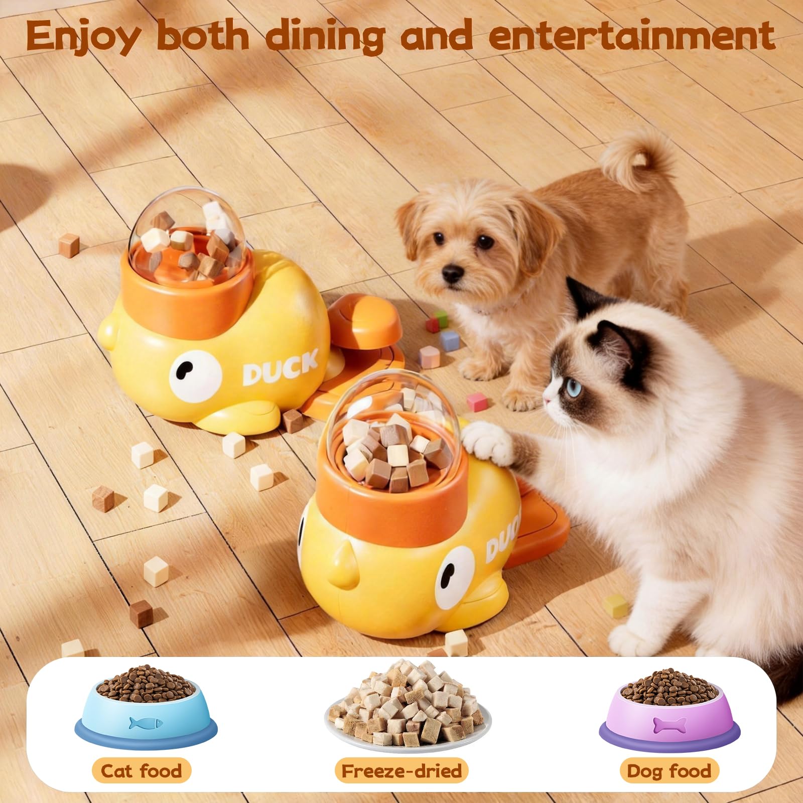 Distributeur Croquettes Chat Forme de Canard Jaune, 2 en 1 Distributeur Croquettes Chien avec 3 Couvercles, Jouet Interactif Chien, Educational Pet Feeder Toy, Jouet Intelligence Chat