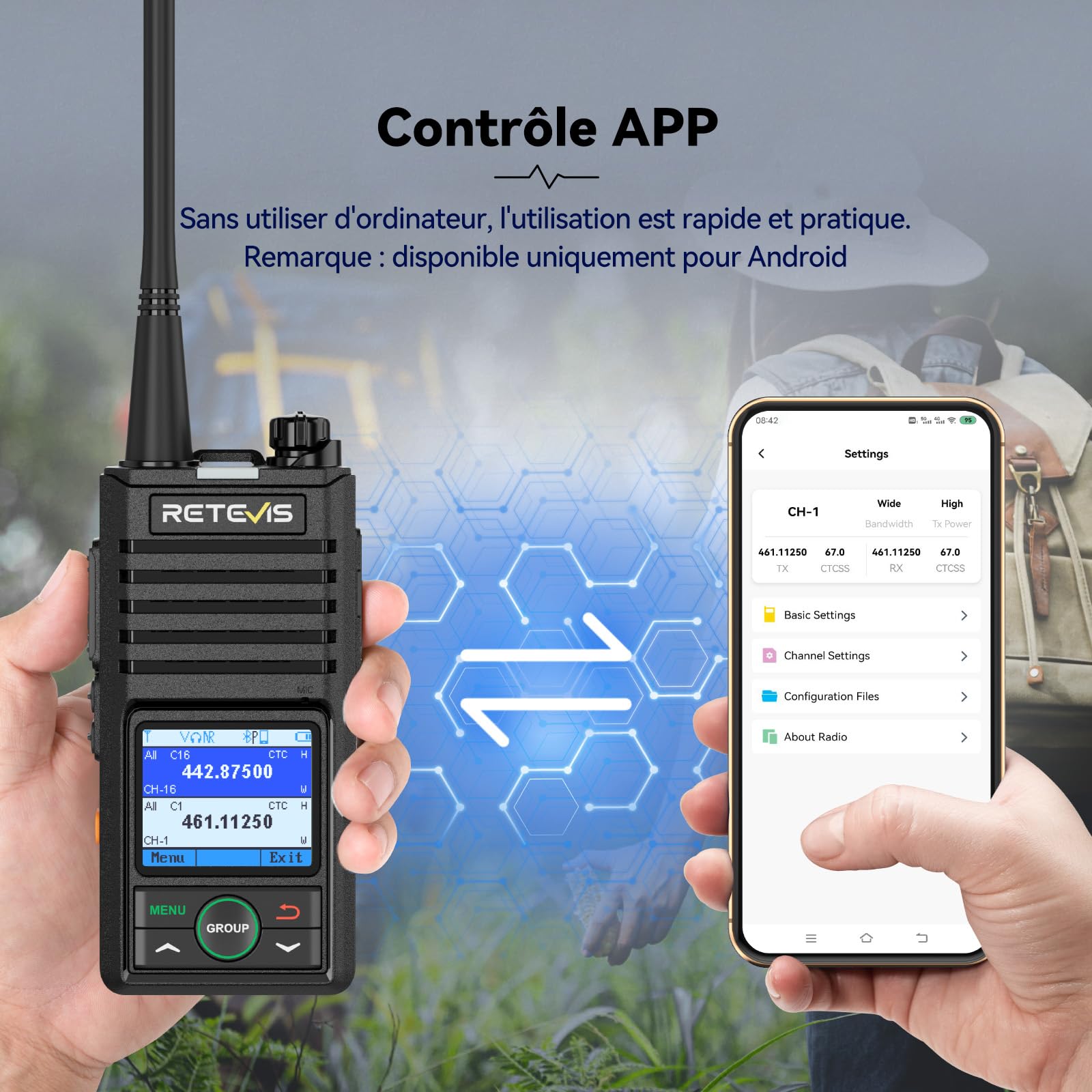 Retevis RB658 Talkie Walkie Réglage par App, Radio Bidirectionnelle Professionnelle, Réduction Intelligente du Bruit, Alarme, 1800 mAh, Talkie-Walkie pour Adultes, Moto (1 Pcs, Noir)