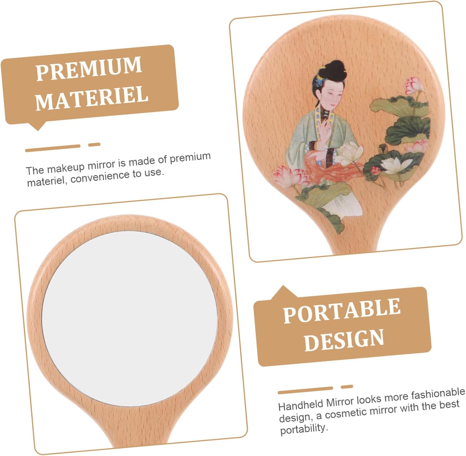 BESTYASH Portable Wooden Handheld Makeup Mirror Decorative Retro Solid Wood Cosmetic Mirror for Travel and Vanity High Definition Surface for Women and Professionals