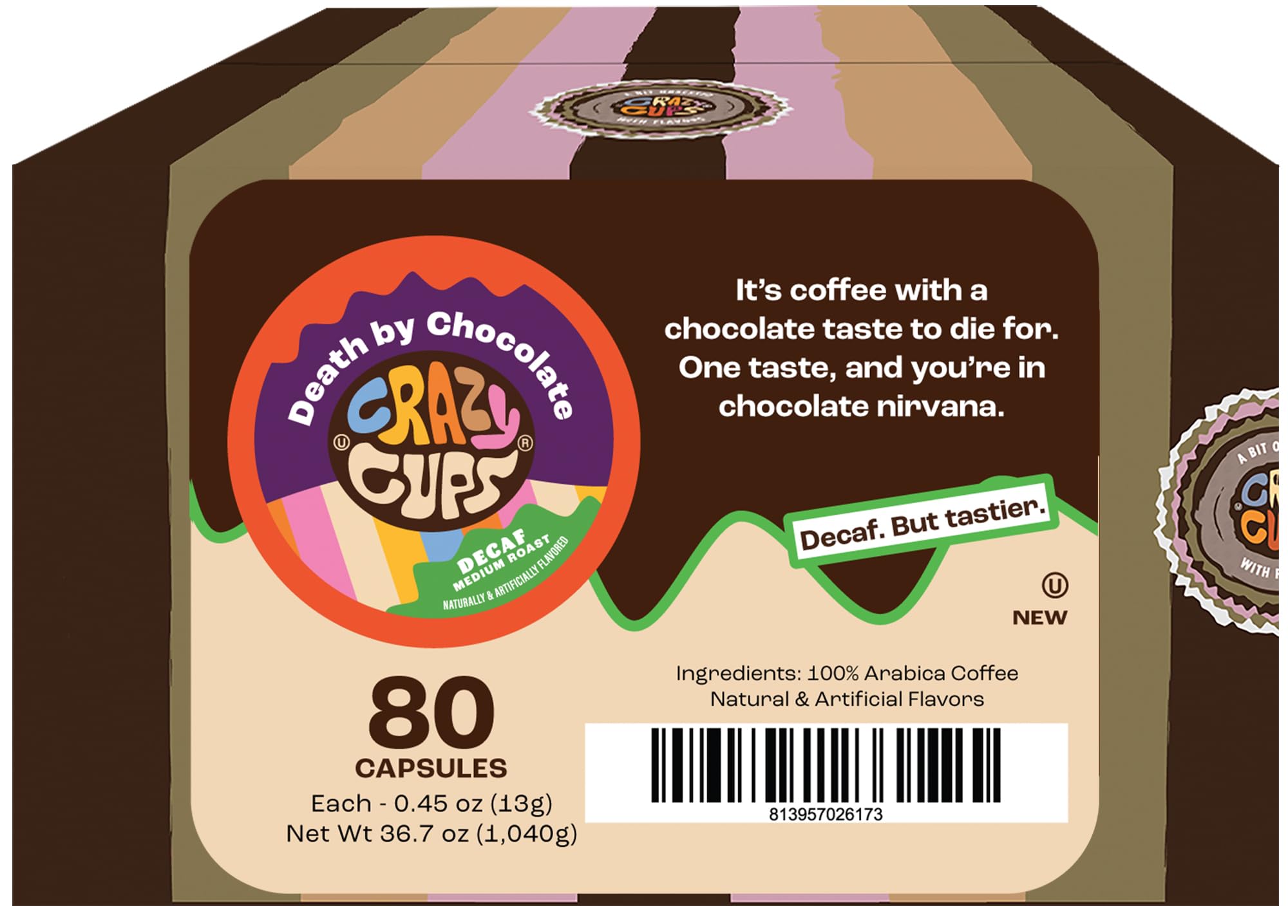 Crazy Cups 80 smakowych kapsułek kawowych bezkofeinowa śmierć po czekoladzie kawa pojedyncza porcja gorąca lub mrożona średnia palona kawa do ekspresów Keurig K Cup