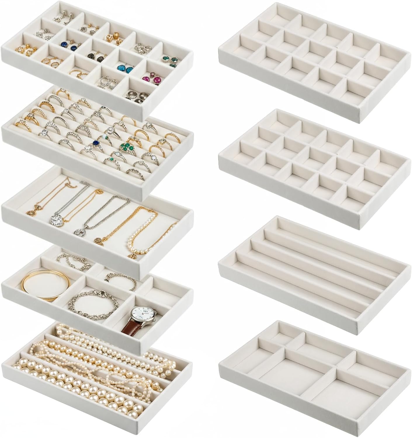9 Set Velvet Jewelry Drawer Organizer Inserts, Stackable Jewelry Organizer Trays with Removable Dividers, Jewelrys Storage Display Tray, for Earring Ring Necklace Watch Bracelet, Beige