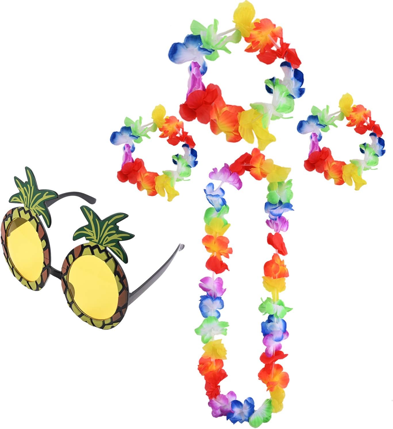 Lezevn Berolle 5 PCS Hawaiian Fancy Dress Set with Hawaiian Garlands Pineapple Sunglasses Hawaiian Style Tropical Decoration for Party Beach Dance Performances