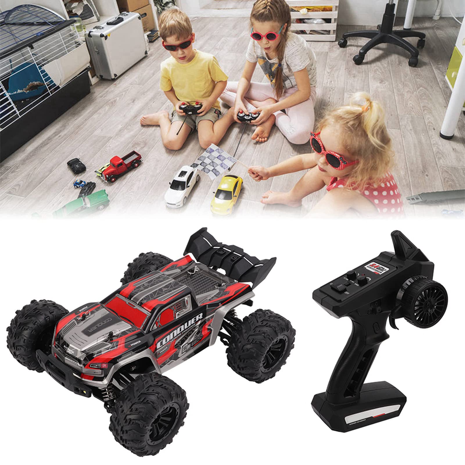 VGEBY 1/16 Remote Control Car, 38 Km/H RC Fuoristrada Crawler 2.4G 4WD RC Crawler in Scala Reale con Luce a LED Fuoristrada Camion Giocattoli(Rosso