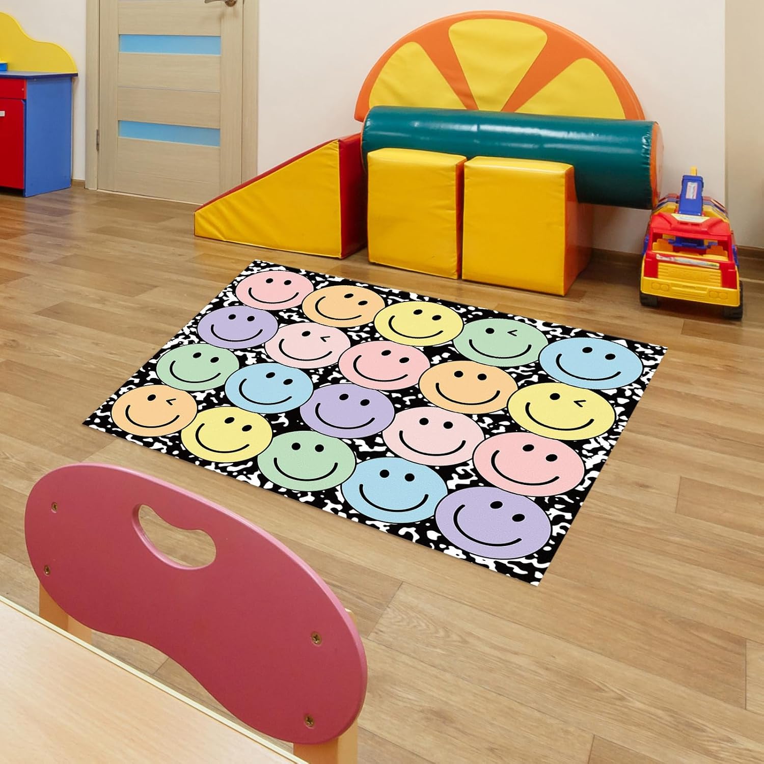 JarThenaAMCS Back to School Area Rug Large Floor Mat Non-Slip Composition Smile Face Carpet for Home Nursery Classroom Playroom Decor, 39.4 x 47.2 Inch