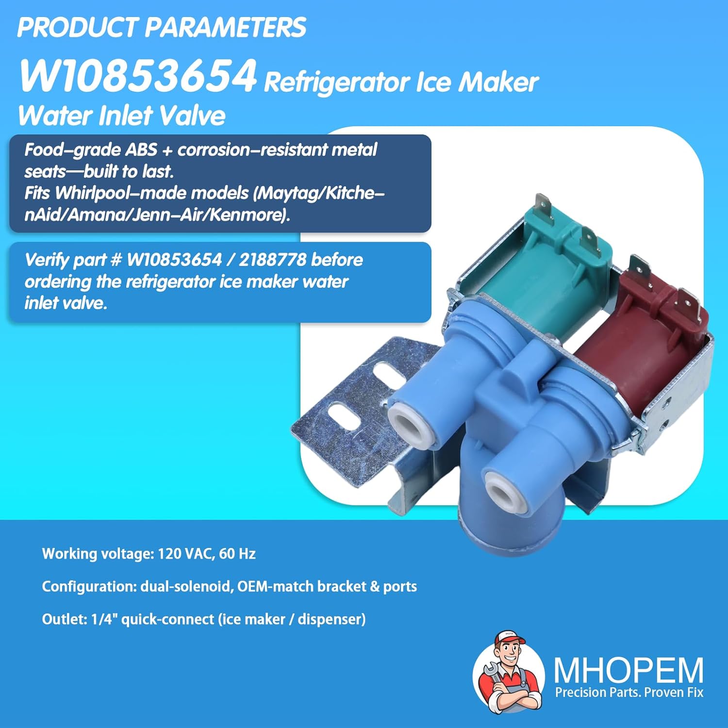 W10853654 Refrigerator Ice Maker Water Inlet Valve, for Whirlpool/Kenmore/Maytag—Replaces 2188778, AP5989758, PS11731255, K-75384—Dual Solenoid Fridge Water Valve Replacement