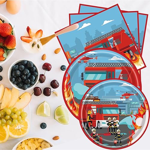 Miniatura 3 de Dulousia Suministros de fiesta de bomberos  Platos de papel desechables para camiones de bomberos, servilletas, vasos, vajilla para niños y niñas,