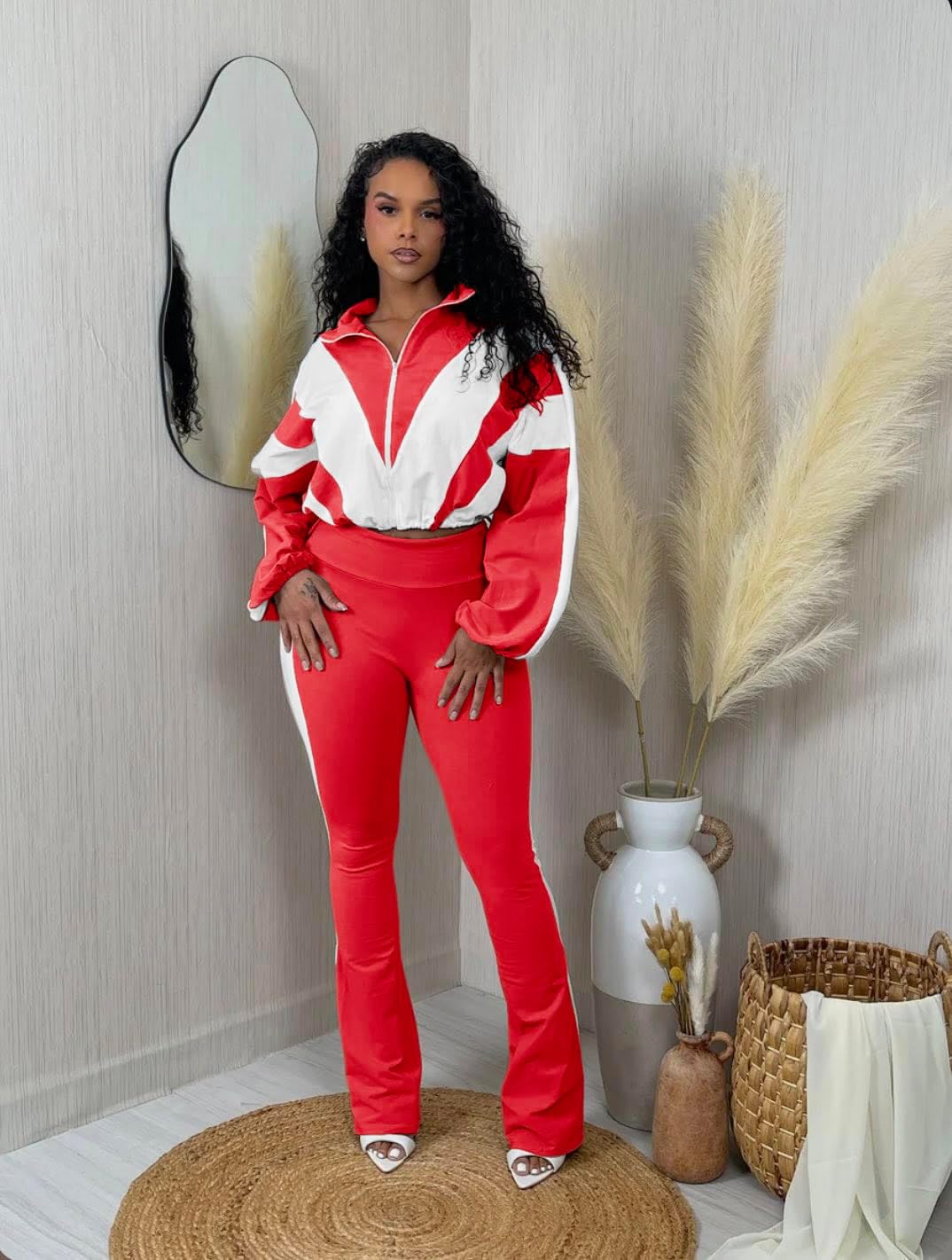 Vssjavun Women 2 Piece Outfit Color Block Long Sleeve Zip Drawstring Cropped Jacket Bodycon Long Pants Set Sweatsuit - Image 6