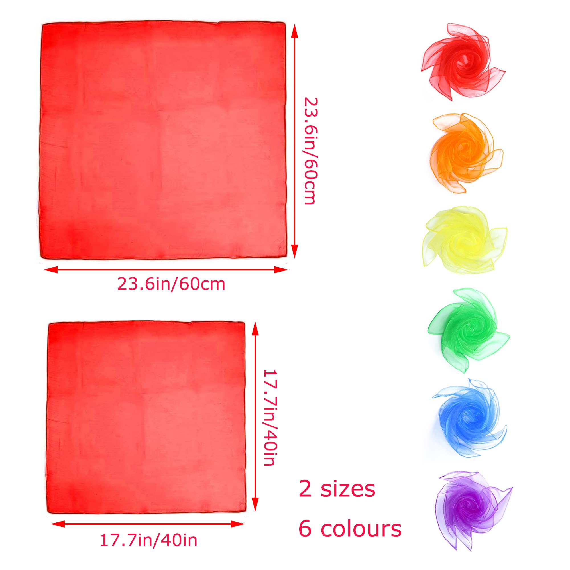 12 Pañuelos De Malabares De Seda En 6 Colores Y 2 Tamaños | Juego De Telas Cuadradas Para Danza, Magia Y Gimnasia | Incluye 60x60 Cm Y 45x45 Cm | Perfectos Para Regalar