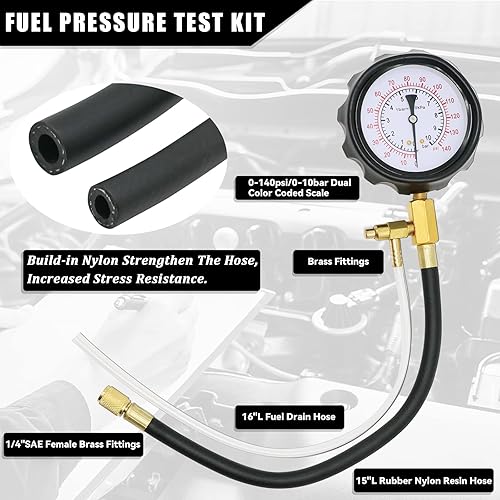 Miniatura 3 de Probador de presión de bomba de inyección de combustible de 0-140PSI, kit de probador de presión de combustible, probador de presión de bomba de